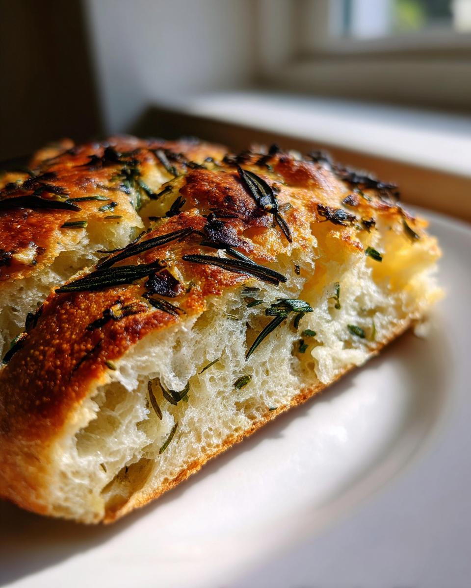 Een dikke snee van luchtig Rosemary Garlic No Knead Skillet Bread met een goudbruine korst en rozemarijn.
