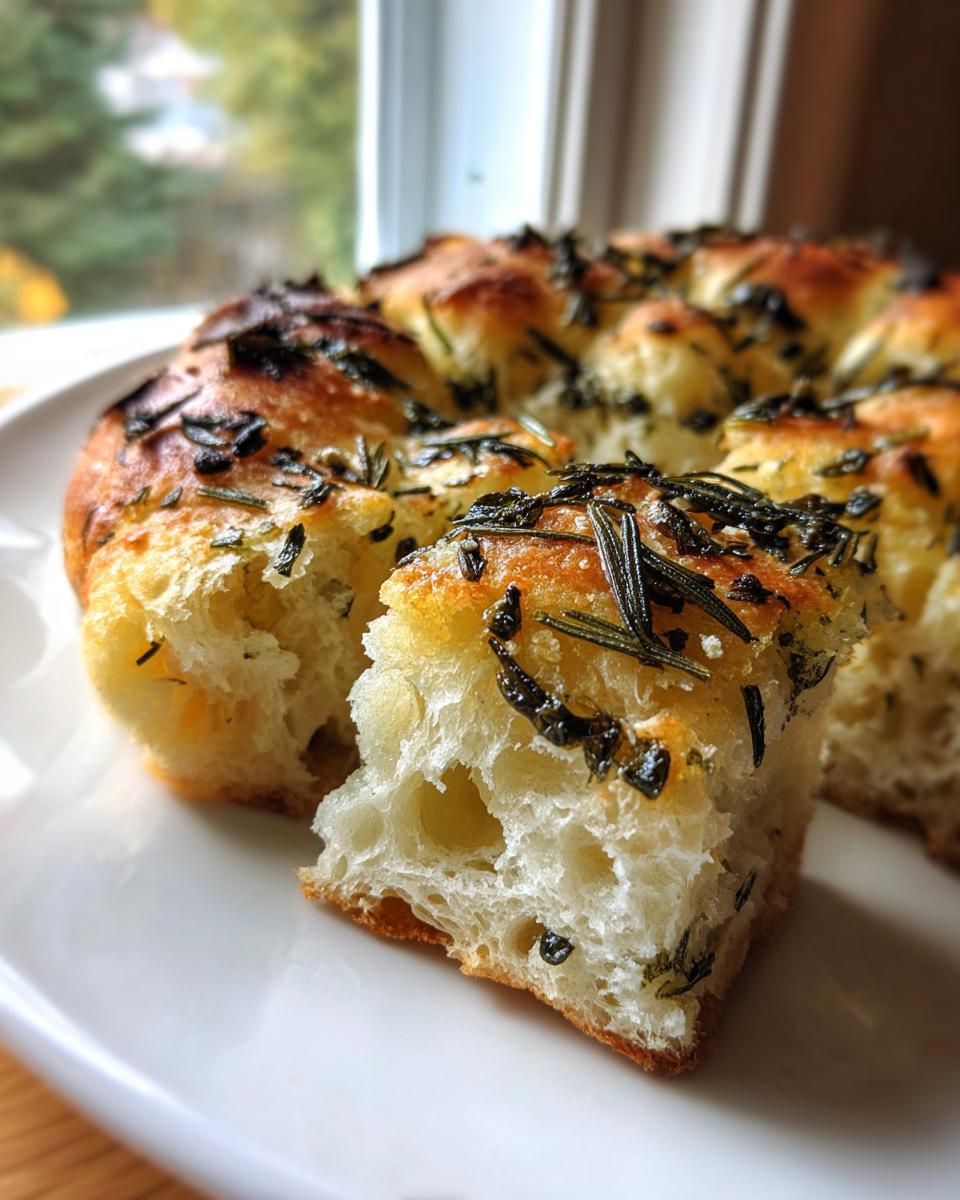 Close-up van een stuk luchtig Rosemary Garlic No Knead Skillet Bread met rozemarijn en knoflook op een wit bord.