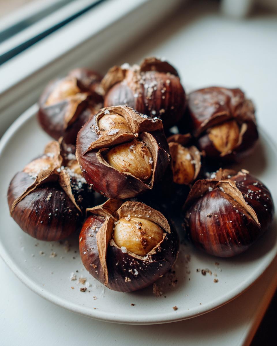 Een stapel geroosterde kastanjes met zout en peper, de schil is opengespleten en toont de zachte binnenkant.