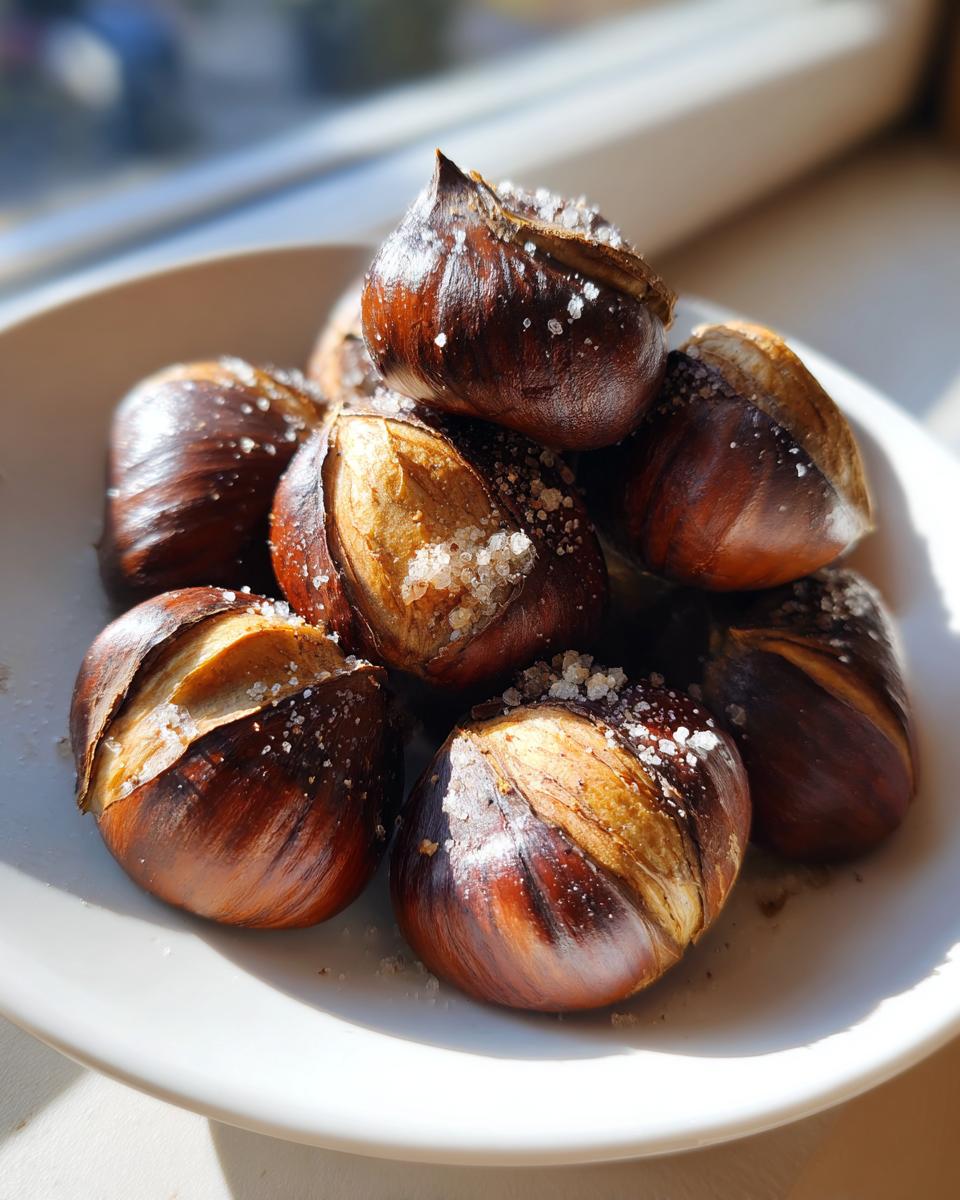 Een stapel geroosterde kastanjes met een zichtbare snede en grof zout, klaar om gegeten te worden. Salt And Pepper Roasted Chestnuts.