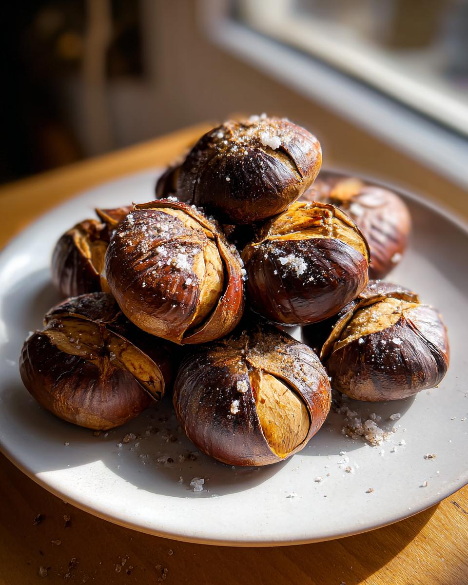 Een stapel geroosterde Salt And Pepper Roasted Chestnuts, bestrooid met grof zout, op een lichtgrijs bord.