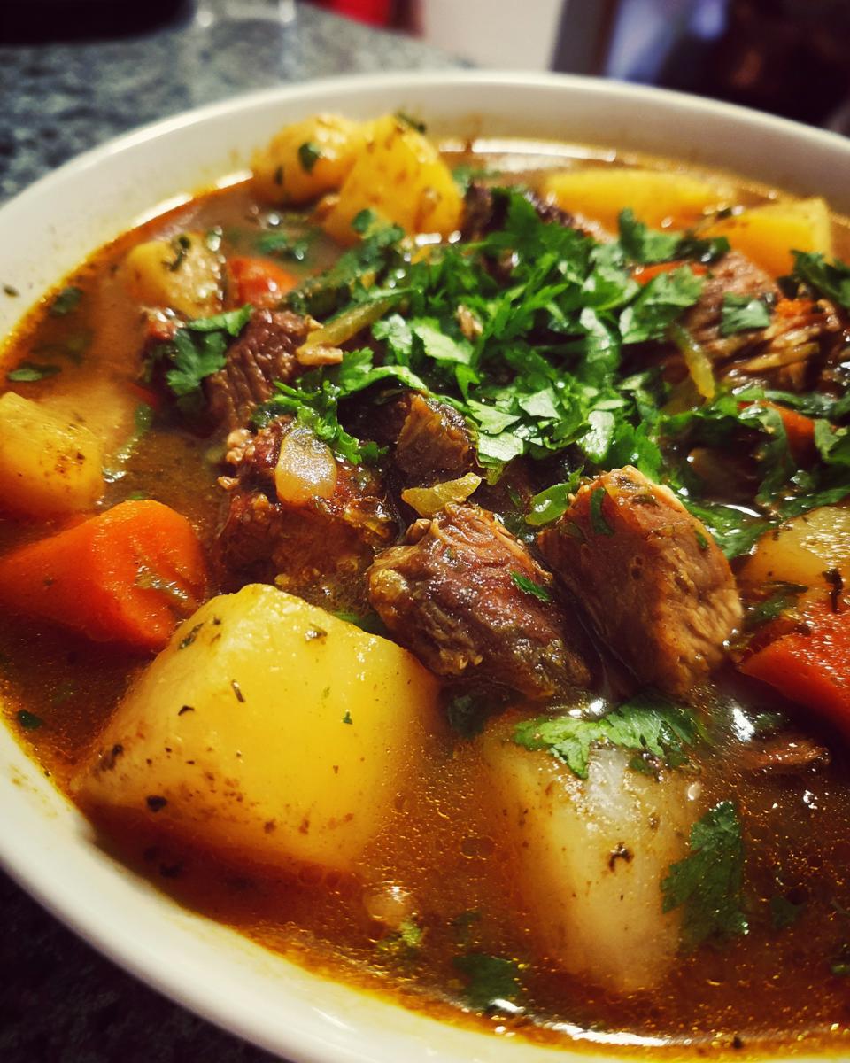 Close-up van een kom met rijke Sancocho Dominicano, vol met stukjes vlees, aardappelen en wortelen, gegarneerd met verse peterselie.