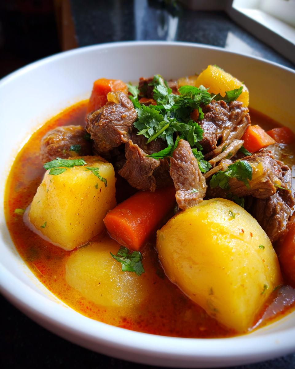 Close-up van een kom met rijke Sancocho Dominicano, vol met stukken rundvlees, gele aardappelen en wortelen, gegarneerd met koriander.