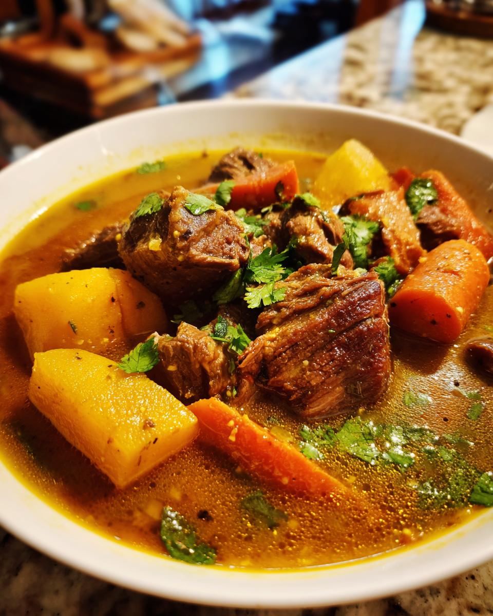 Close-up van een kom met rijke, hartige Sancocho Dominicano, gevuld met stukken rundvlees, gele yuca en wortelen, gegarneerd met koriander.