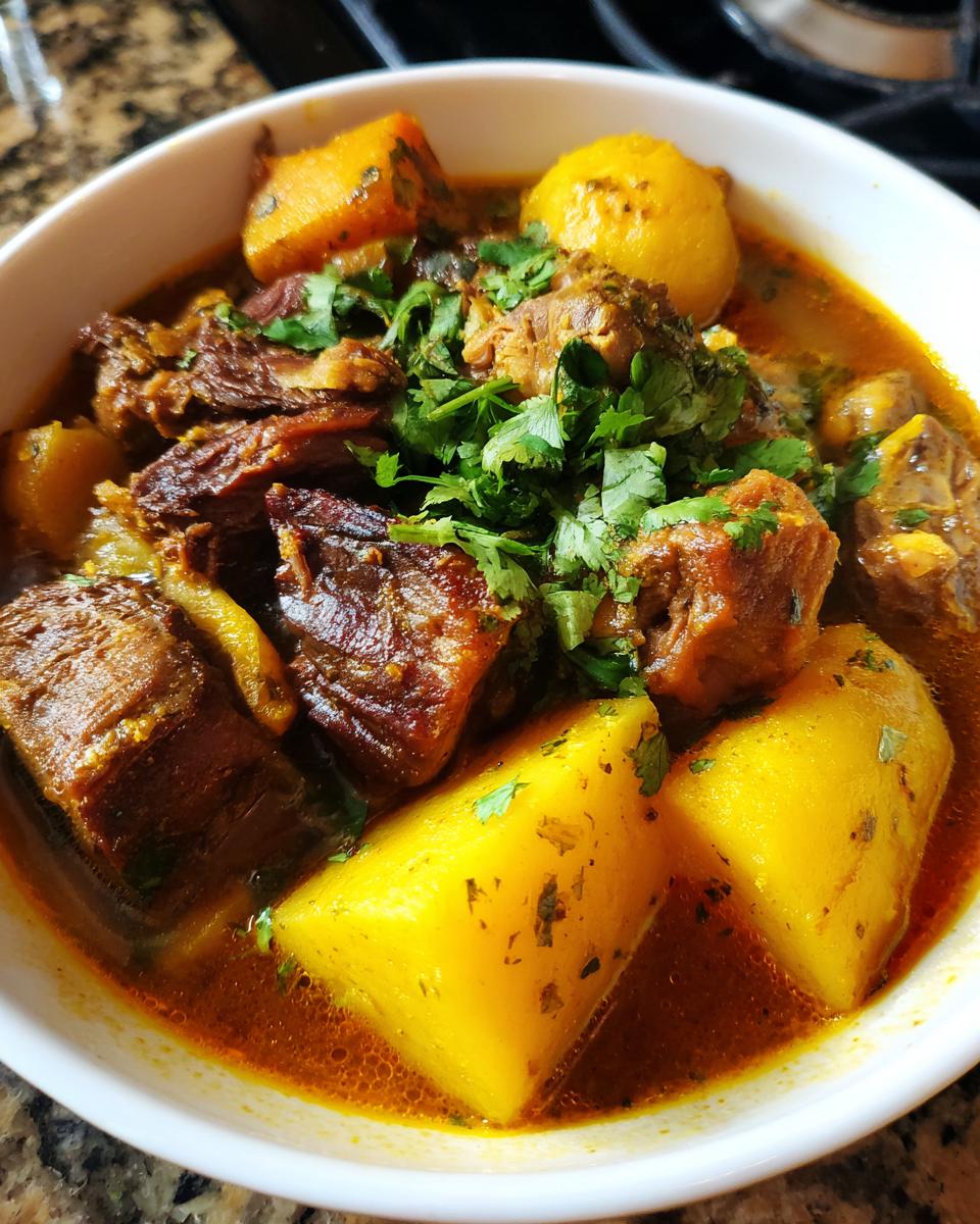 Close-up van een kom met rijke Sancocho Dominicano, vol met stoofvlees en gele yuca/aardappelstukken, gegarneerd met koriander.