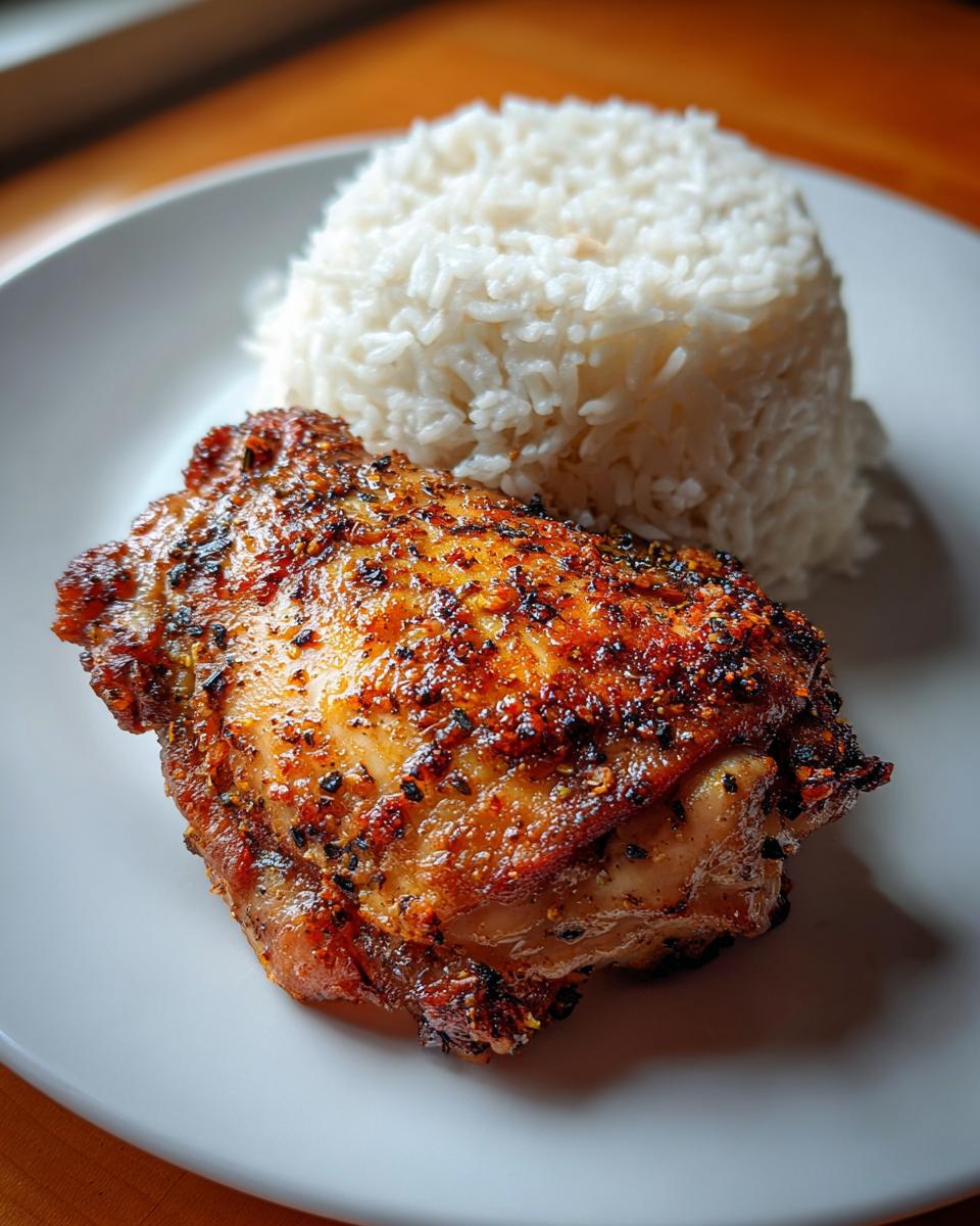 Een sappige, gekruide Chicken Thighs With Rice naast een berg witte rijst op een wit bord.