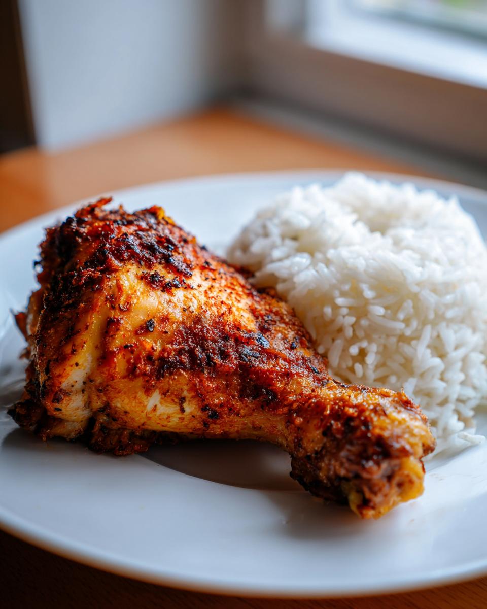 Close-up van een gekruide, gebraden kippenpoot (chicken thigh) naast een portie witte rijst op een wit bord.