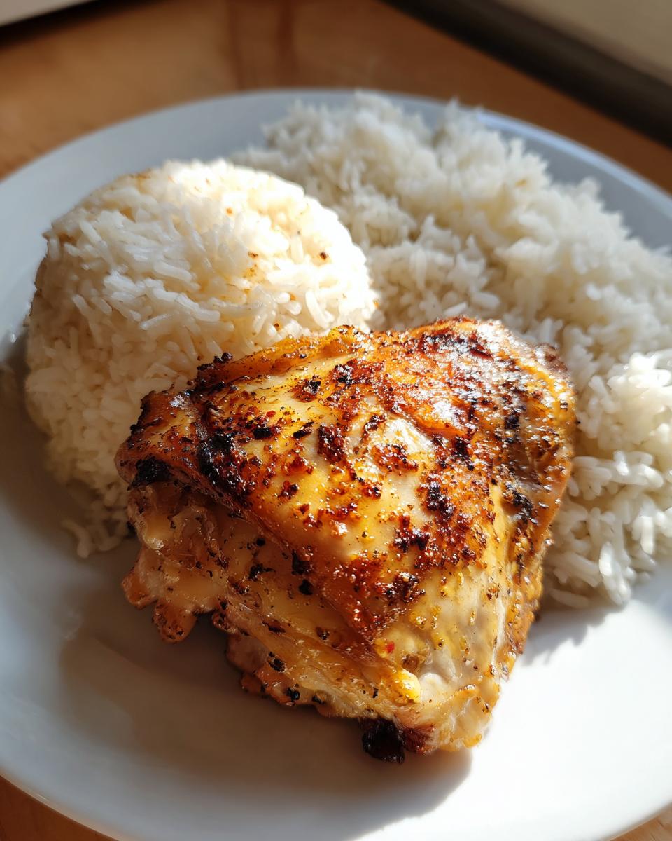 Close-up van een gebakken, gekruide kippendij geserveerd met een portie witte rijst op een wit bord. Perfect voor Chicken Thighs With Rice.
