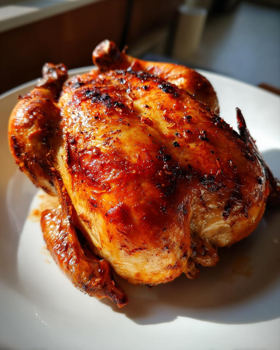 Close-up van een hele, sappige geroosterde kip met een diep oranjebruine, krokante huid op een wit bord.