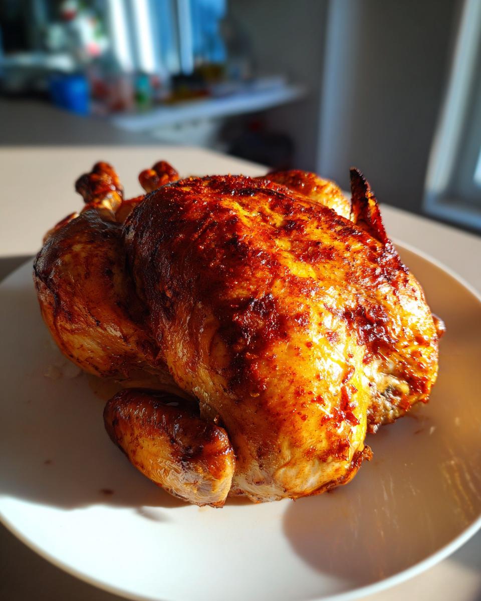 Een hele, perfect geroosterde kip met een goudbruine, krokante huid op een wit bord.
