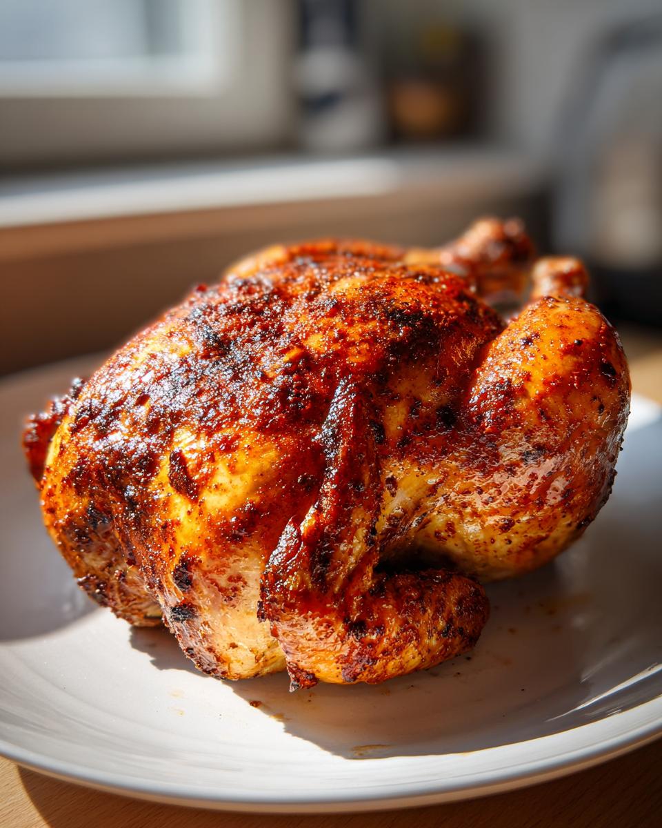 Close-up van een hele, perfect geroosterde kip met een diep oranjebruine, gekruide korst op een wit bord.