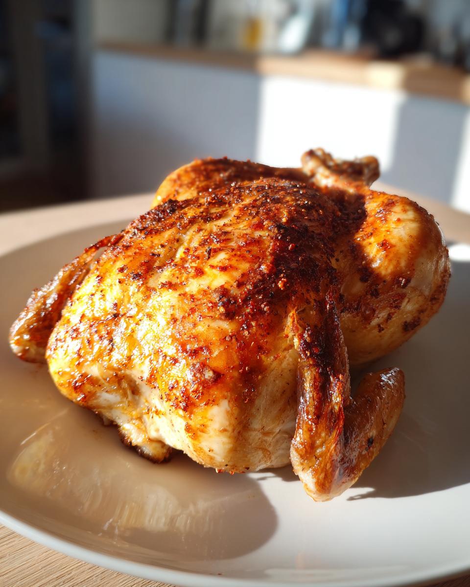 Een hele, perfect geroosterde kip met een goudbruine, gekruide huid, liggend op een wit bord.
