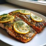 Twee stukken sappige Oven Baked Salmon gegarneerd met citroenschijfjes en verse dille op een wit bord.