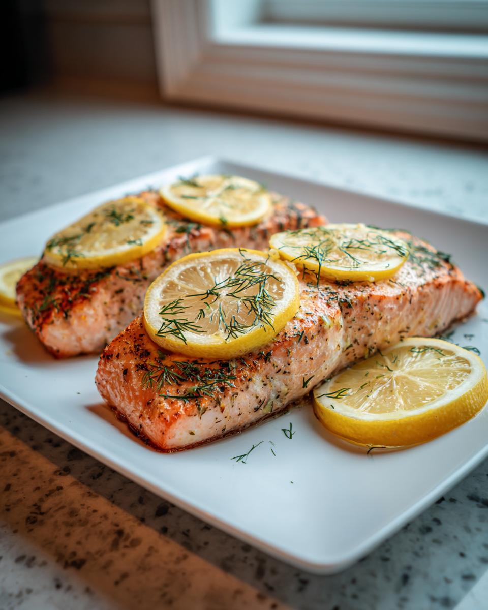 Twee stukken sappige Oven Baked Salmon gegarneerd met citroenschijfjes en verse dille op een wit bord.