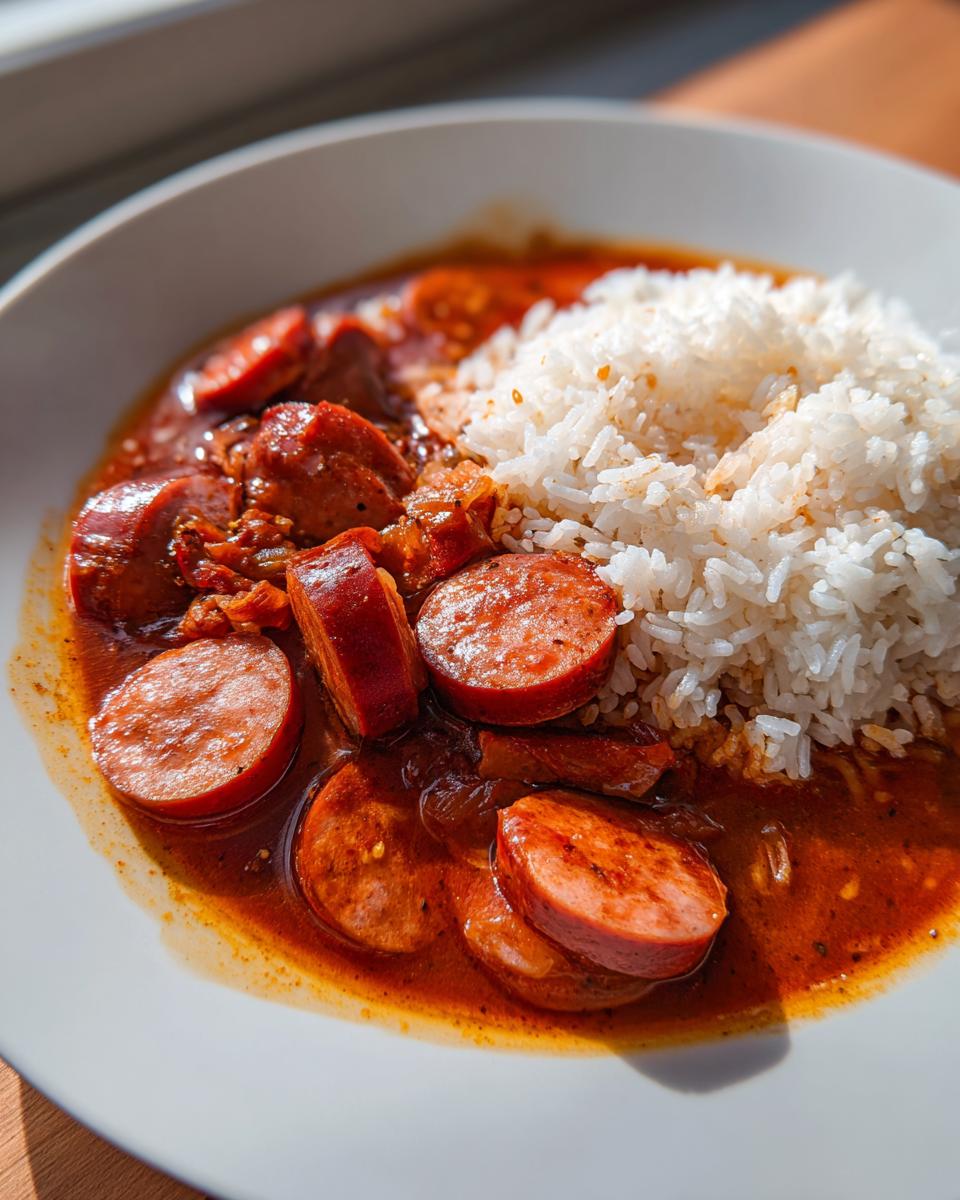 Close-up van een bord met pittige Sausage And Rice in een rode saus naast een portie witte rijst.