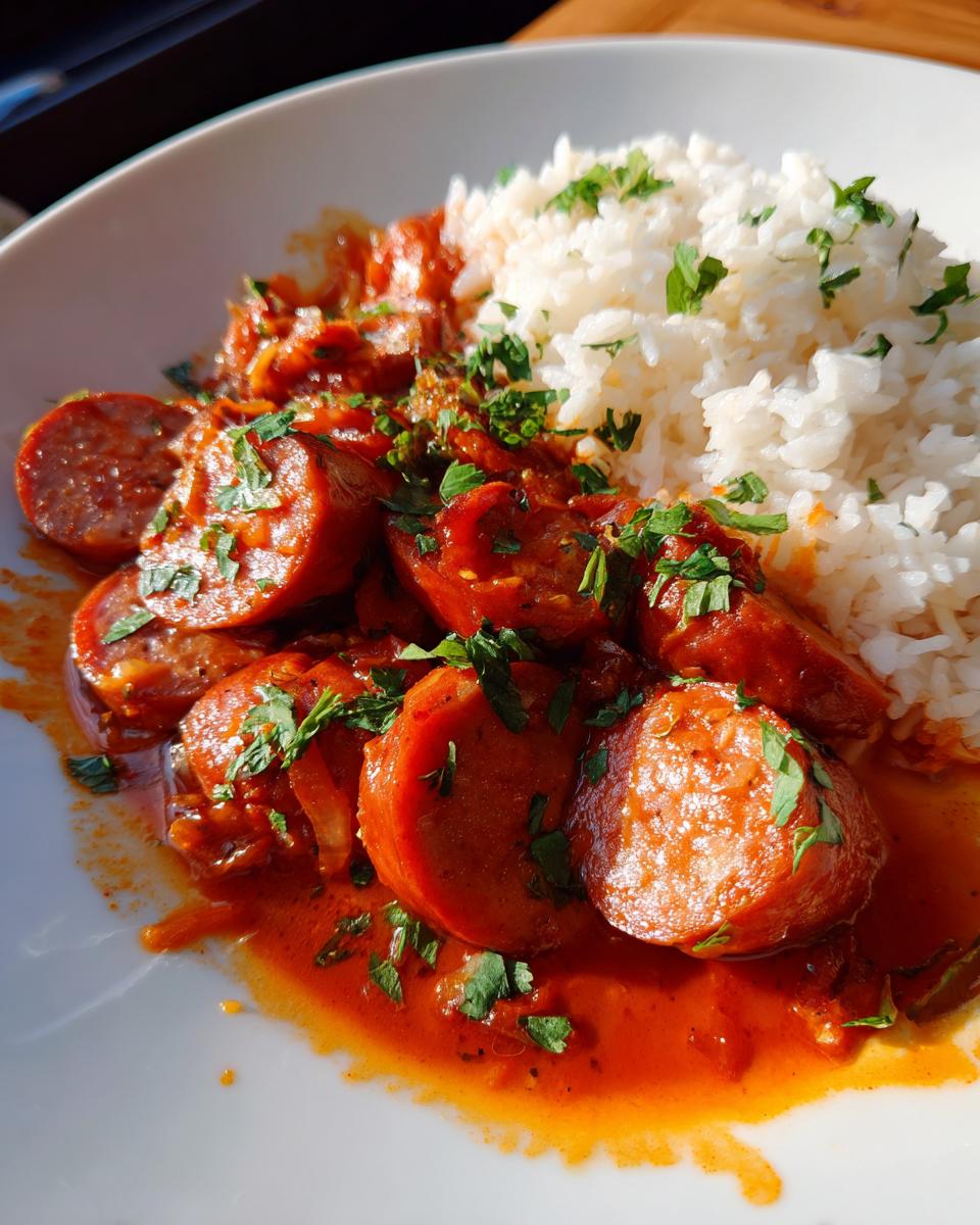 Gedetailleerde foto van Sausage And Rice met dik gesneden worst in een rode saus en witte rijst gegarneerd met peterselie.