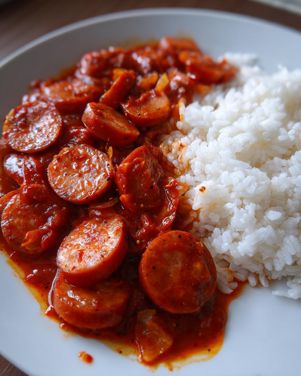 Close-up van een bord met witte rijst en plakjes worst in een rode saus, een voorbeeld van Sausage And Rice.