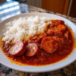 Bord met witte rijst en gesneden worst in een rode saus, een heerlijke Sausage And Rice maaltijd.