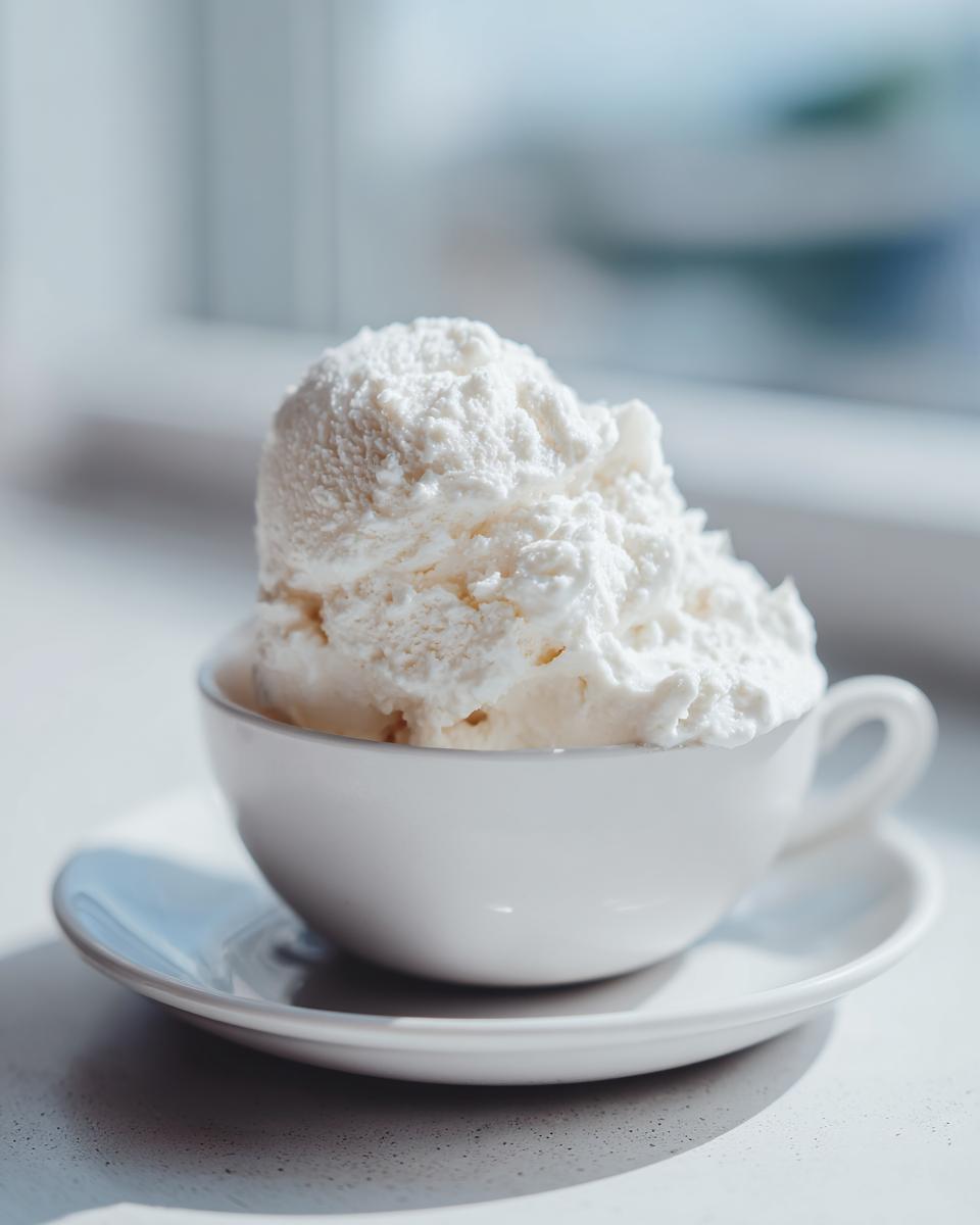 Een grote schep romig Cottage Cheese Ice Cream geserveerd in een wit kopje op een schoteltje.