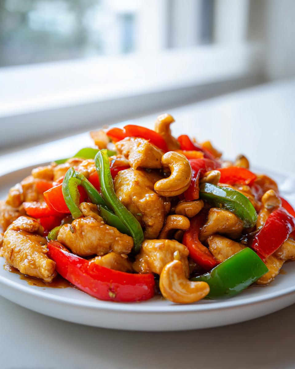 Gerecht met stukjes kip, rode en groene paprika en cashewnoten: Skinny Cashew Chicken.