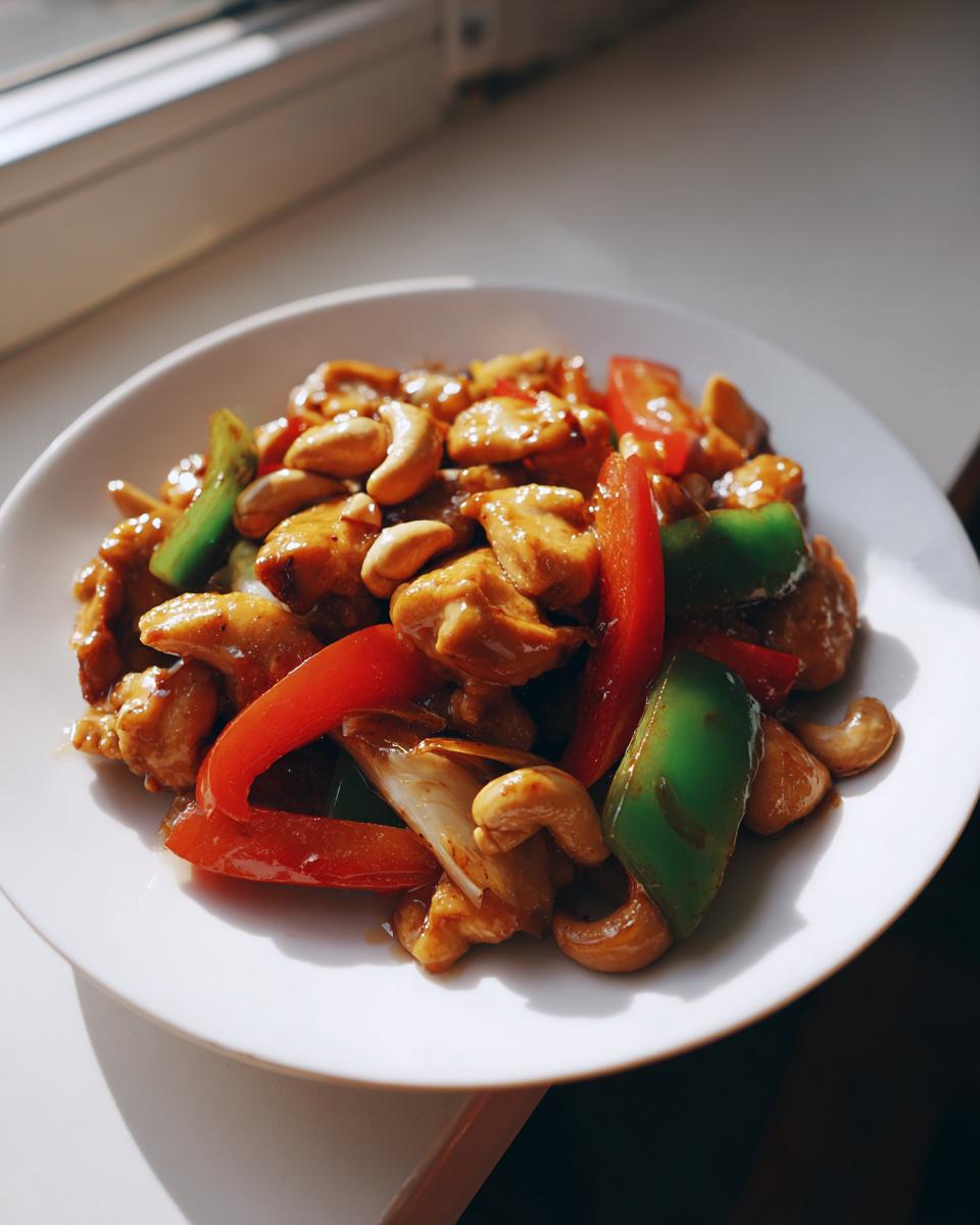 Close-up van een portie Skinny Cashew Chicken met stukjes kip, cashewnoten en paprika op een wit bord.