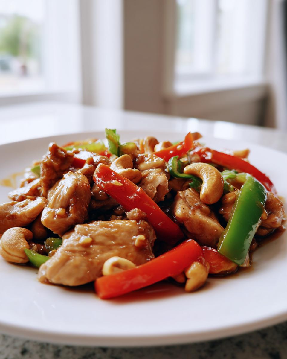 Close-up van een portie Skinny Cashew Chicken met stukjes kip, rode en groene paprika en cashewnoten.
