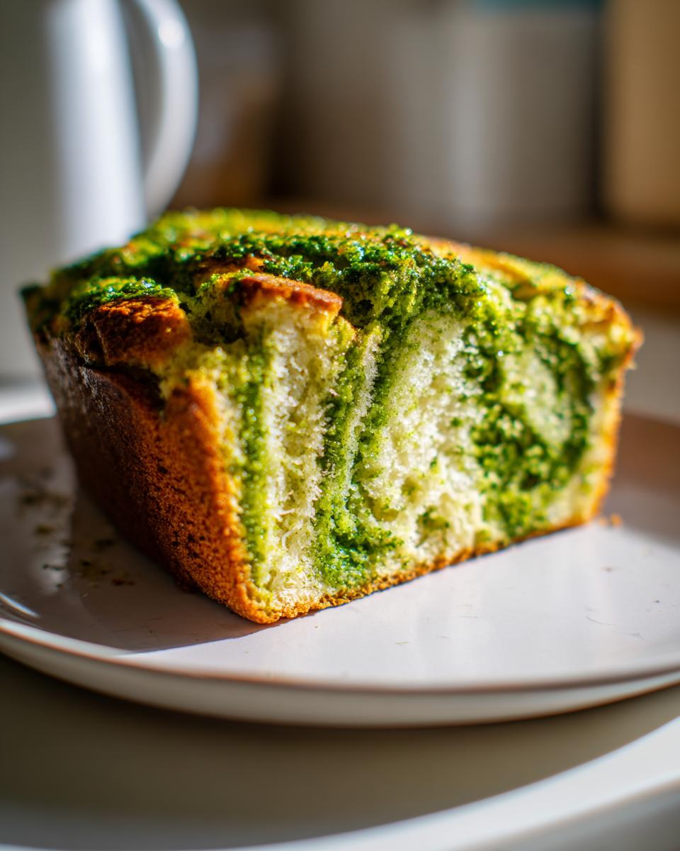 Close-up van een stuk Slow Cooker Basil Pesto Bread met een duidelijke groene pesto swirl en een goudbruine korst.