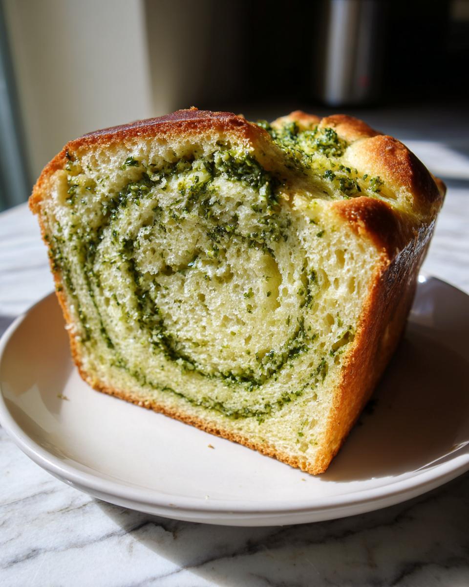 Close-up van een snede Slow Cooker Basil Pesto Bread met een duidelijke groene pesto spiraal in het zachte brood.