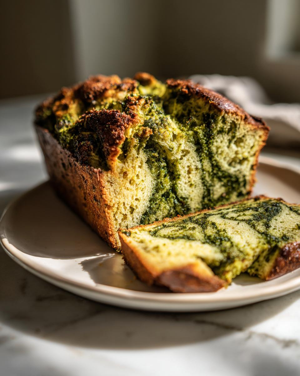 Een versgebakken Slow Cooker Basil Pesto Brood, deels aangesneden, met een duidelijke groene pestovorm.
