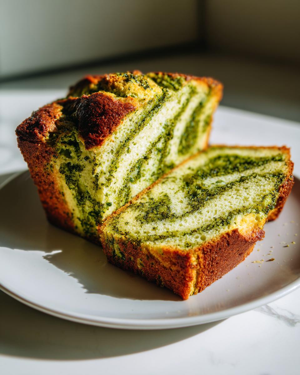 Twee dikke sneden Slow Cooker Basil Pesto Brood op een wit bord, met duidelijke groene pesto-marmering.