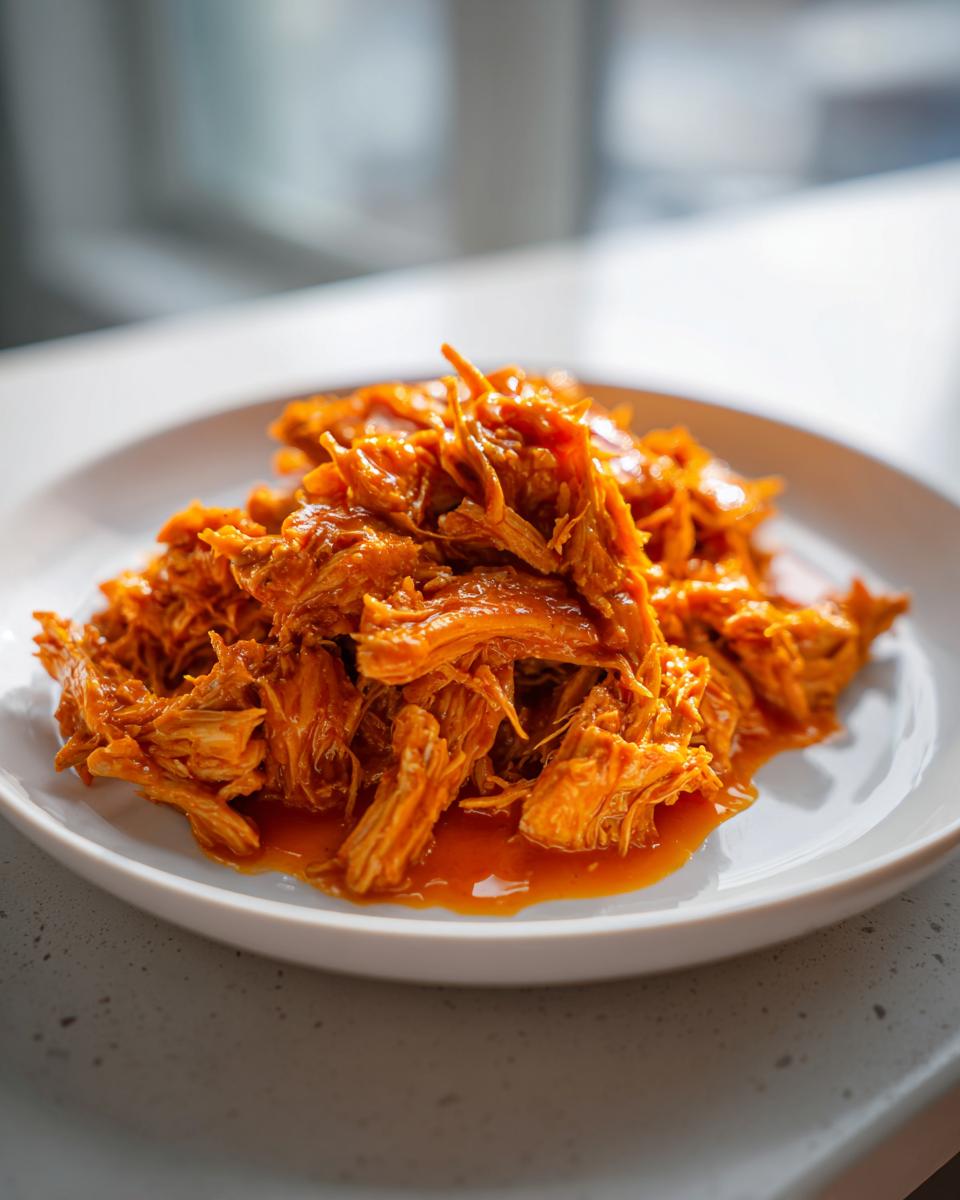 Een portie mals, draadjes getrokken Slow Cooker Buffalo Chicken met een oranje-rode saus op een wit bord.