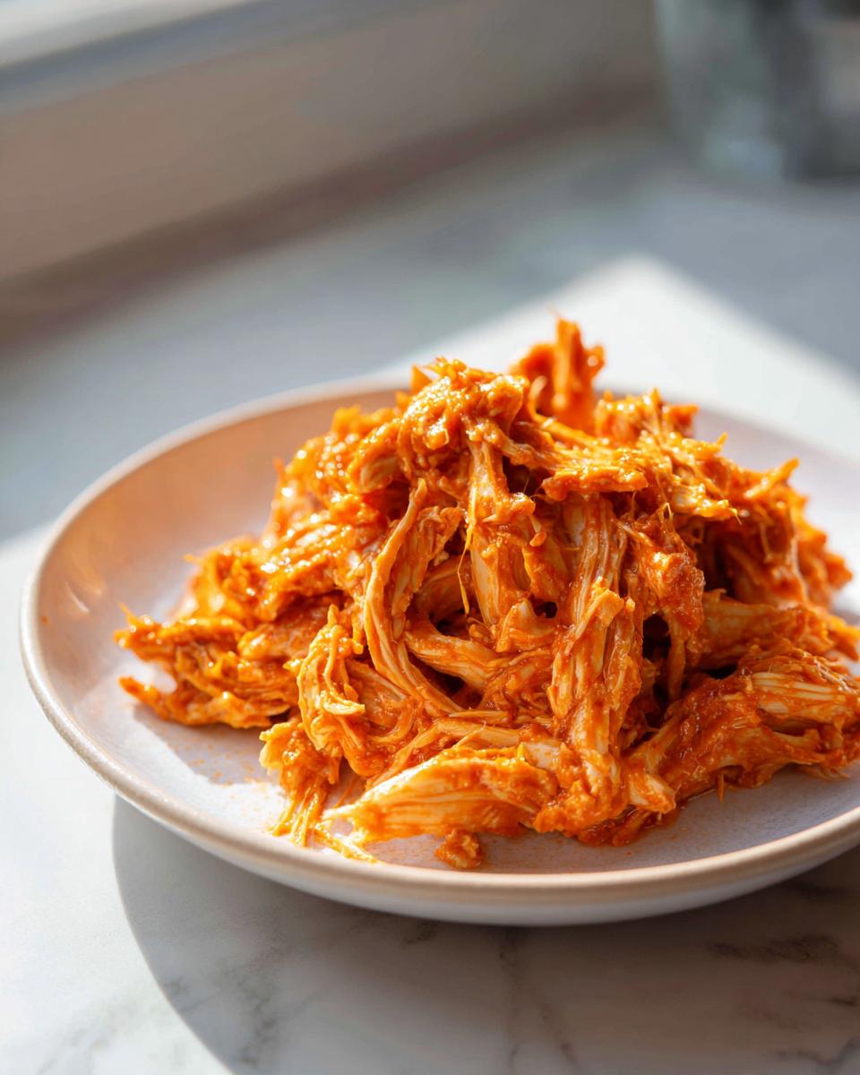 Een close-up van draadjesvlees van Slow Cooker Buffalo Chicken in een heldere oranje saus op een wit bord.
