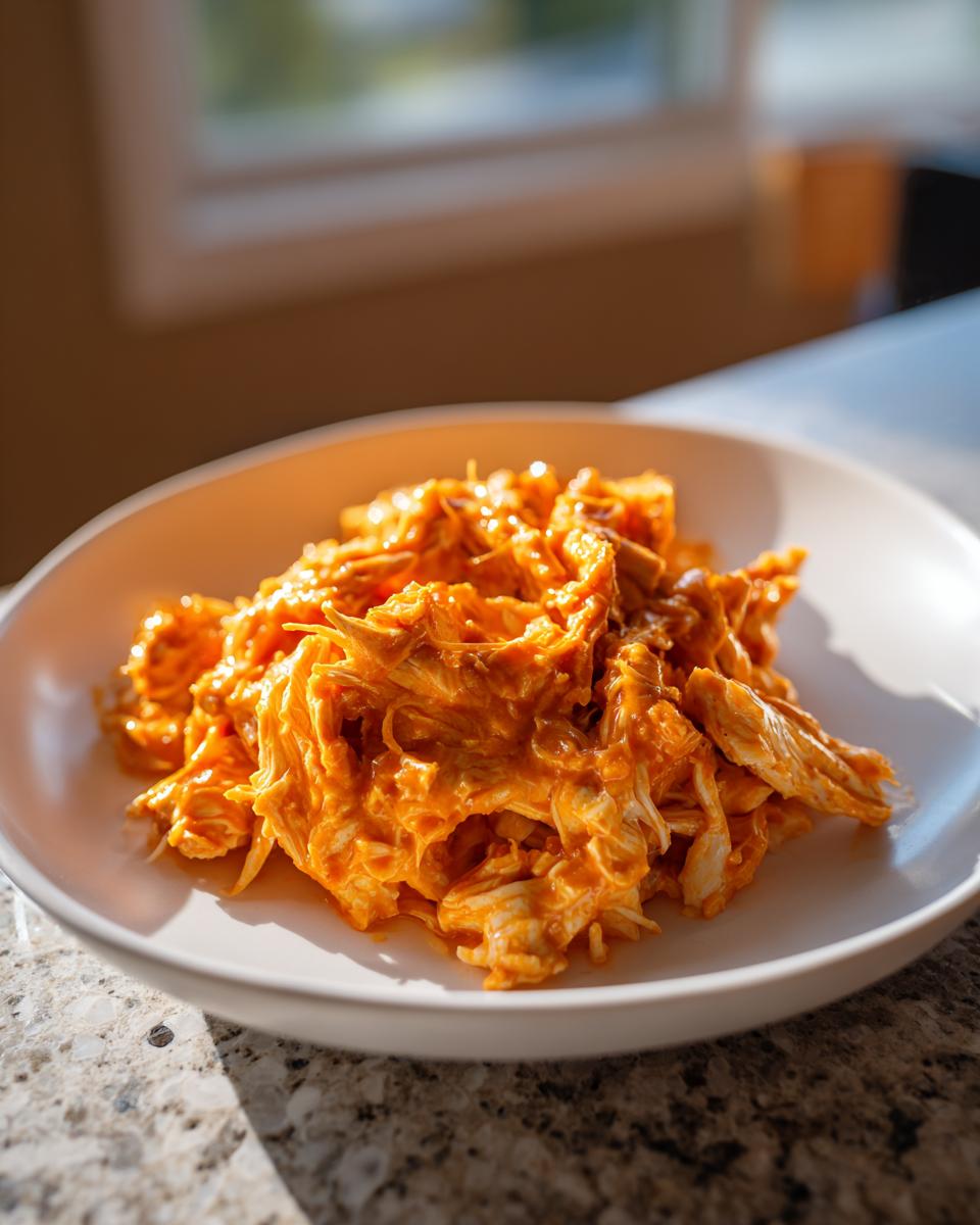 Een portie malse Slow Cooker Buffalo Chicken, bedekt met oranje saus, geserveerd op een wit bord.