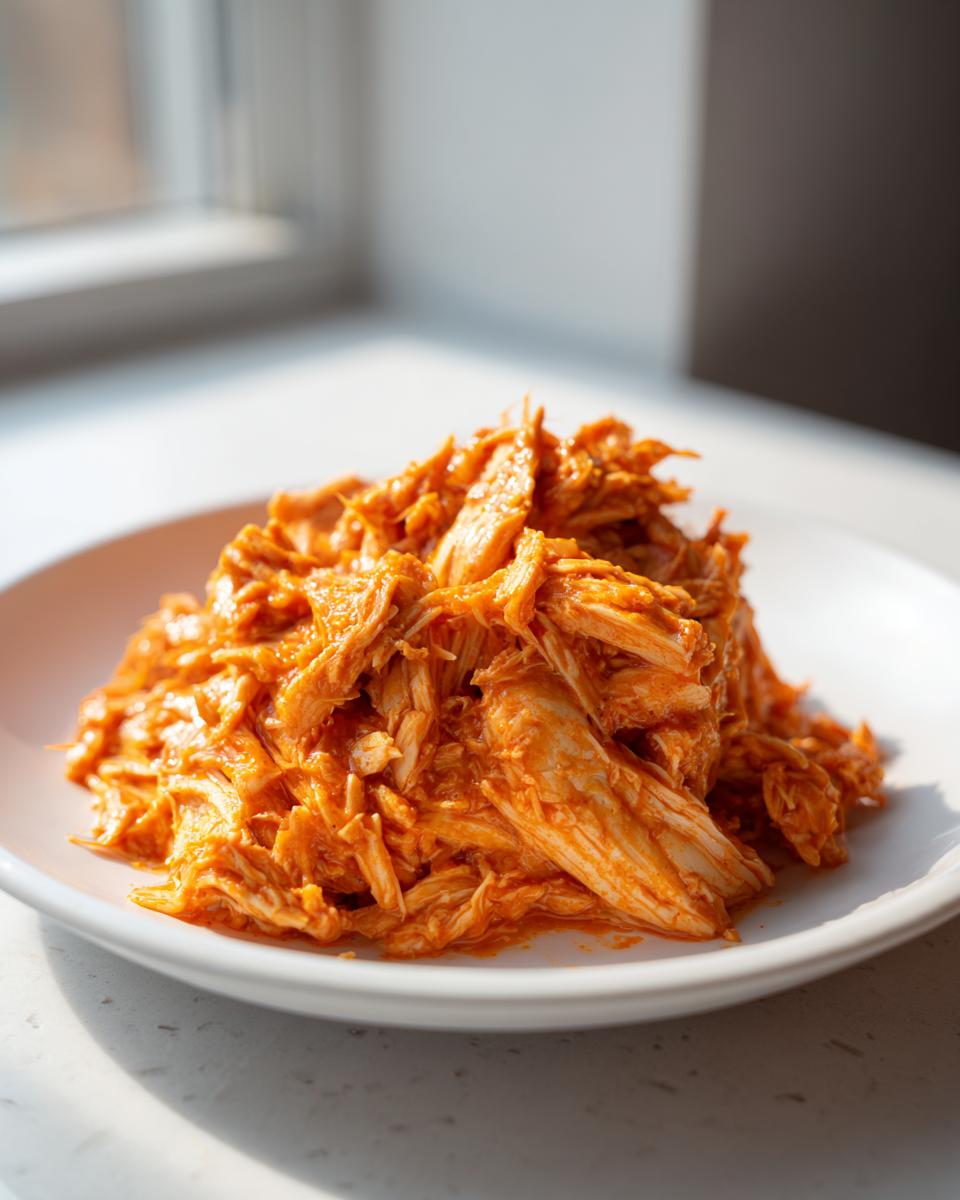 Een hoopje versnipperde Slow Cooker Buffalo Chicken in een helder oranje saus op een wit bord.
