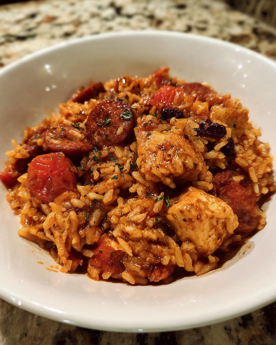 Close-up van een witte kom gevuld met rijke, gekruide Slow Cooker Cajun Jambalaya met stukjes kip en worst.