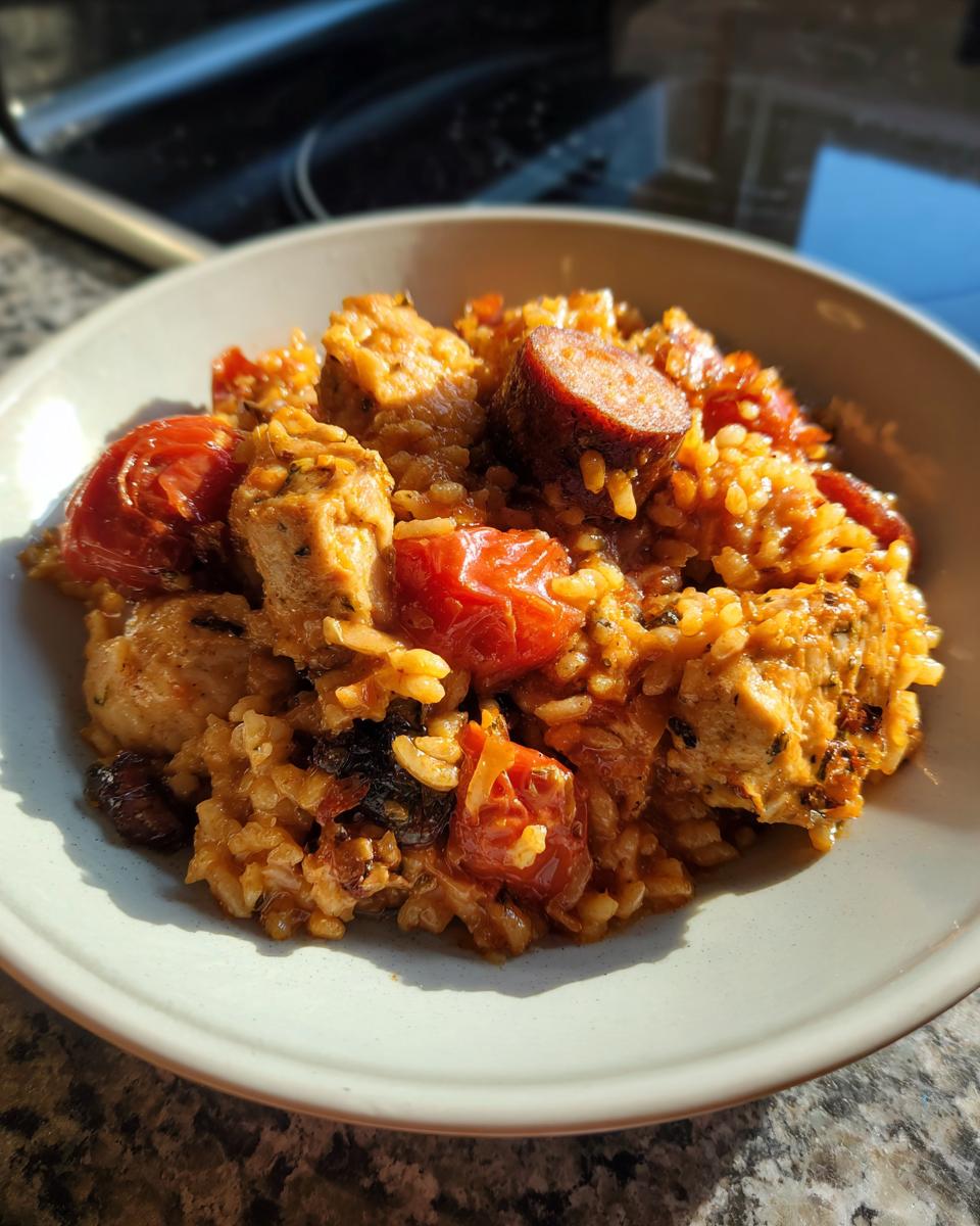 Close-up van een kom met heerlijke Slow Cooker Cajun Jambalaya, met rijst, kip, worst en geroosterde tomaten.