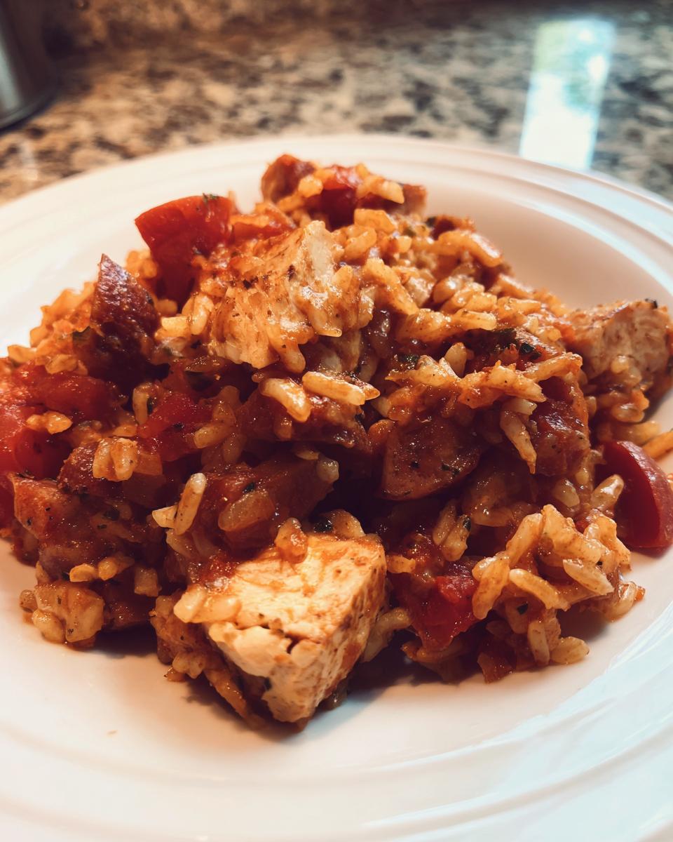 Close-up van een portie Slow Cooker Cajun Jambalaya met rijst, kip en worst op een wit bord.