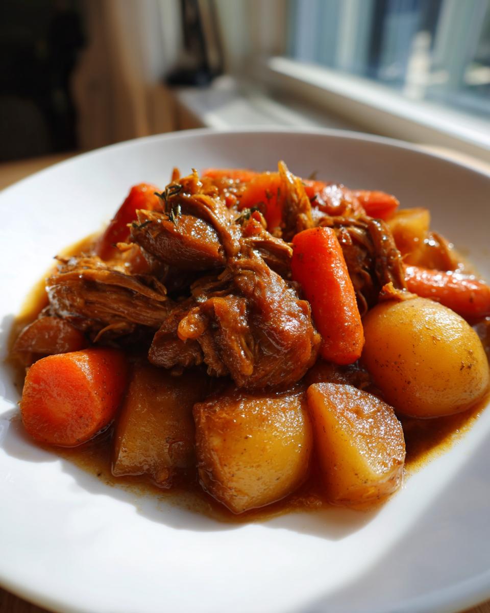 Close-up van een bord met mals Slow Cooker Chicken Stew (stoofpot van kip) met hele wortels en aardappelen in een rijke saus.