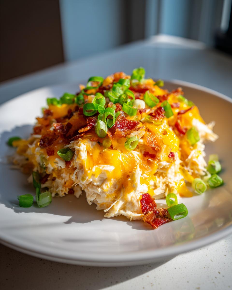 Een portie romige Slow Cooker Crack Chicken gegarneerd met gesmolten cheddar, krokant spek en lente-ui.