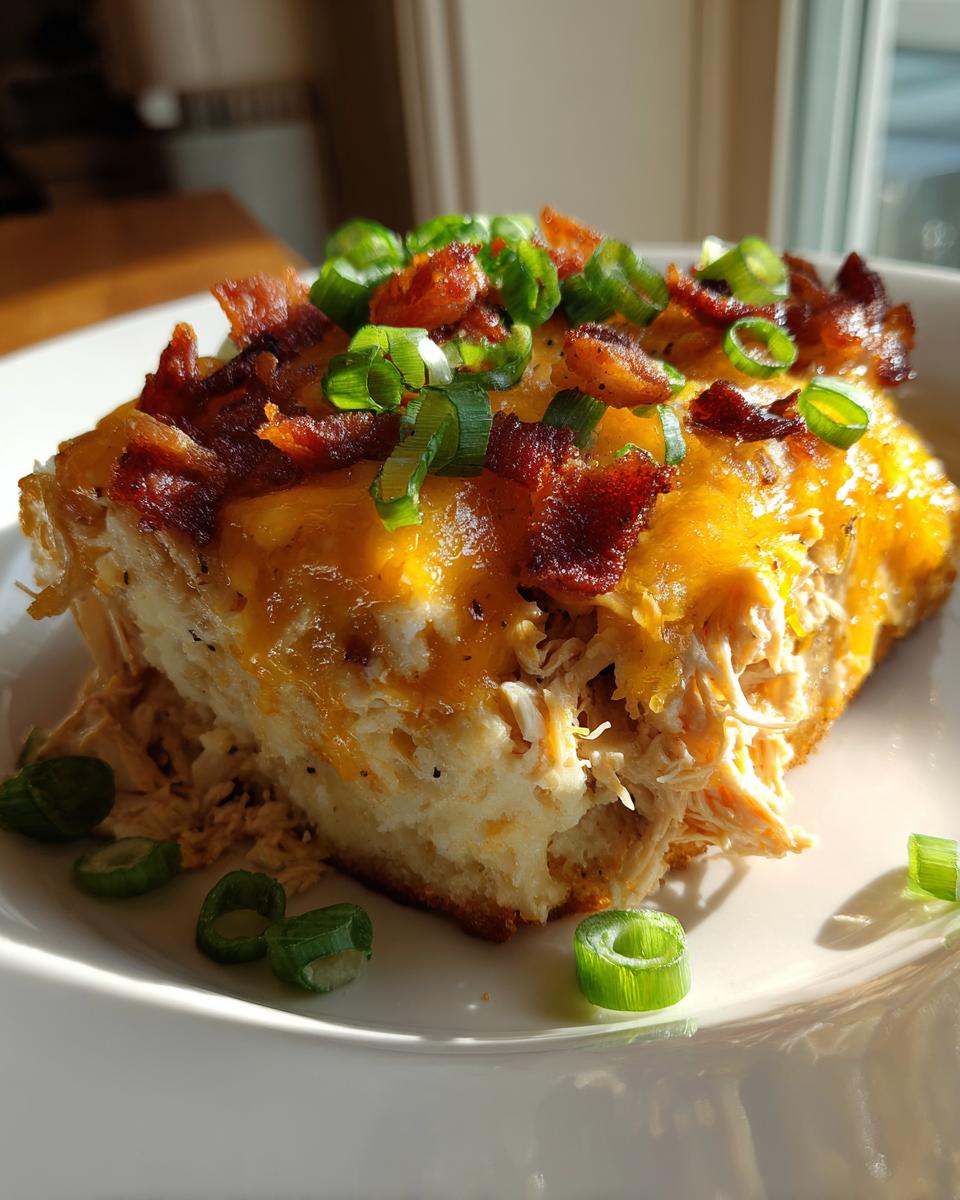 Een portie Slow Cooker Crack Chicken met gesmolten cheddar, krokant spek en lente-ui op een wit bord.