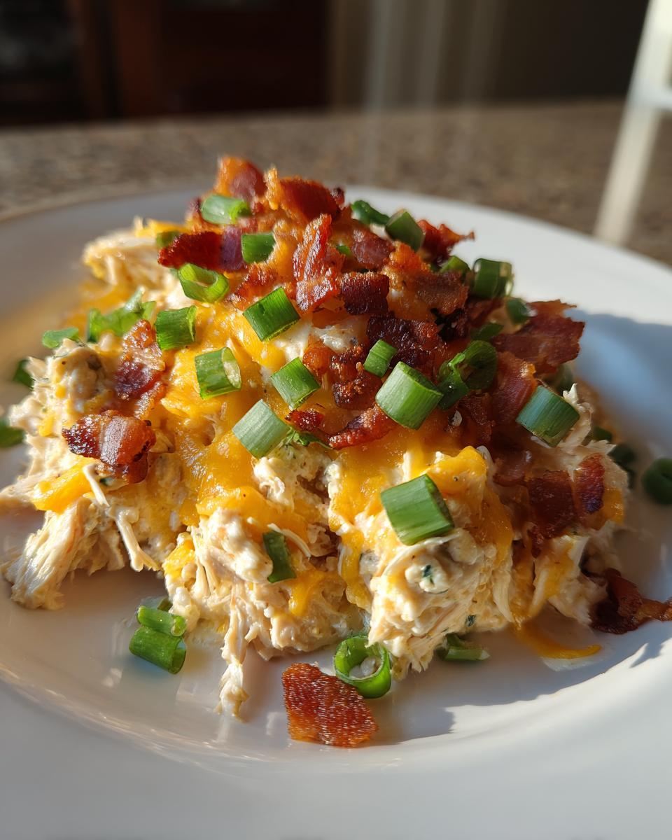 Een portie romige Slow Cooker Crack Chicken bedekt met gesmolten cheddar, krokant spek en lente-ui.