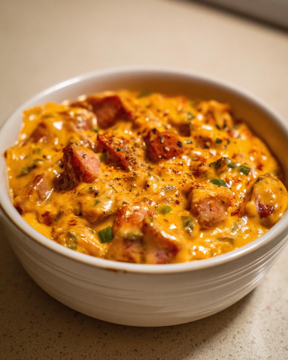 Een kom met romige Slow Cooker Gerookte Worst Cheddar Kaas Dip, gegarneerd met kruiden.