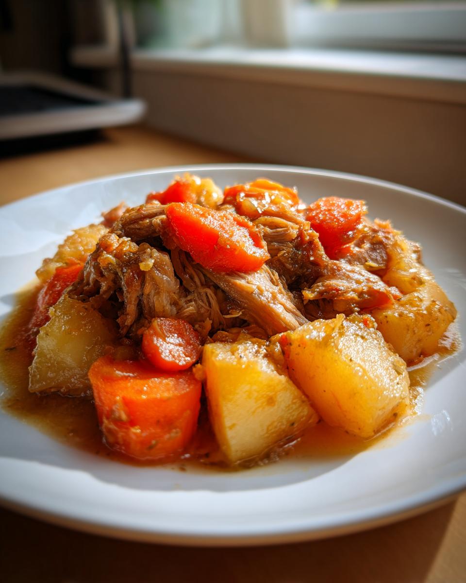 Close-up van een bord met mals Slow Cooker Kip Stoofpot, stukjes aardappel en feloranje wortels in jus.