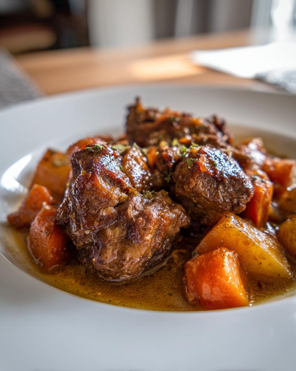 Close-up van malse stukken kip en wortelblokjes in een rijke saus van de Slow Cooker Kip Stoofpot.