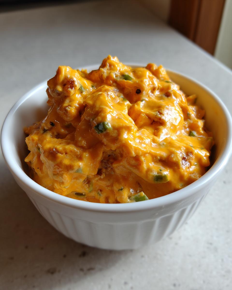 Close-up van romige Slow Cooker Smoked Sausage Cheddar Cheese Dip in een wit kommetje.