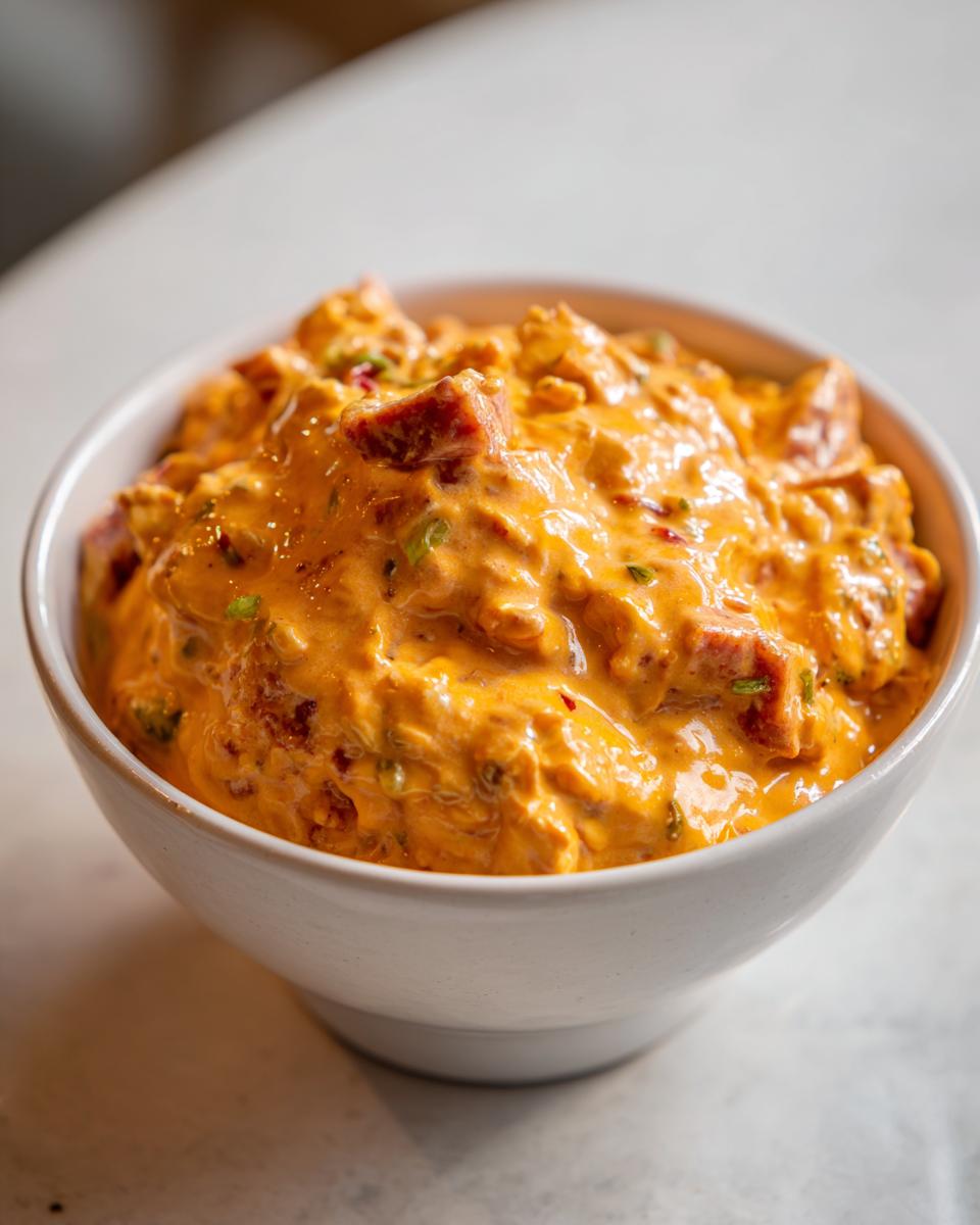 Close-up van een romige, oranje Slow Cooker Smoked Sausage Cheddar Cheese Dip in een witte kom.