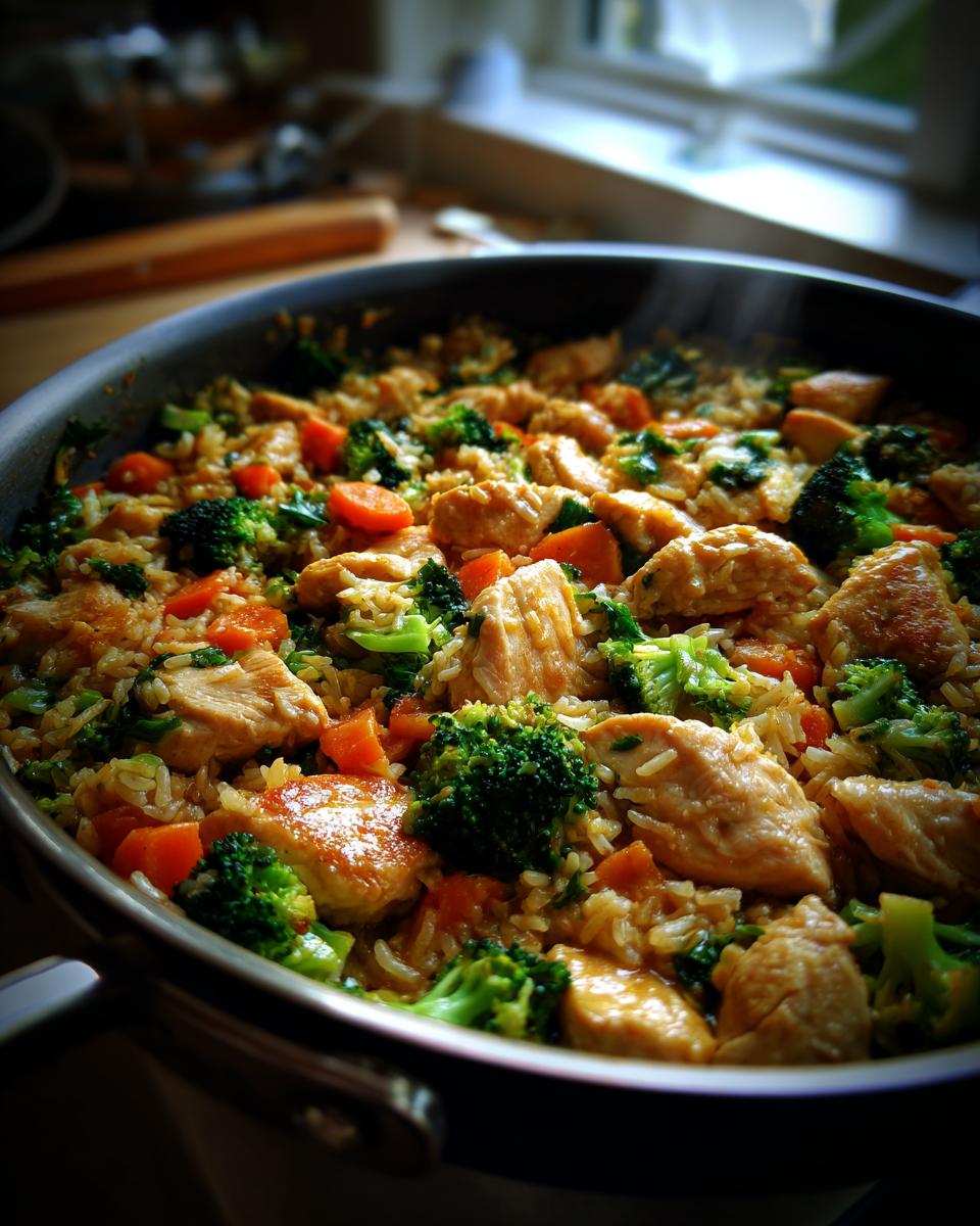 Close-up van een dampende Chicken Rice Vegetable Skillet met stukjes kip, broccoli en wortel in een koekenpan.