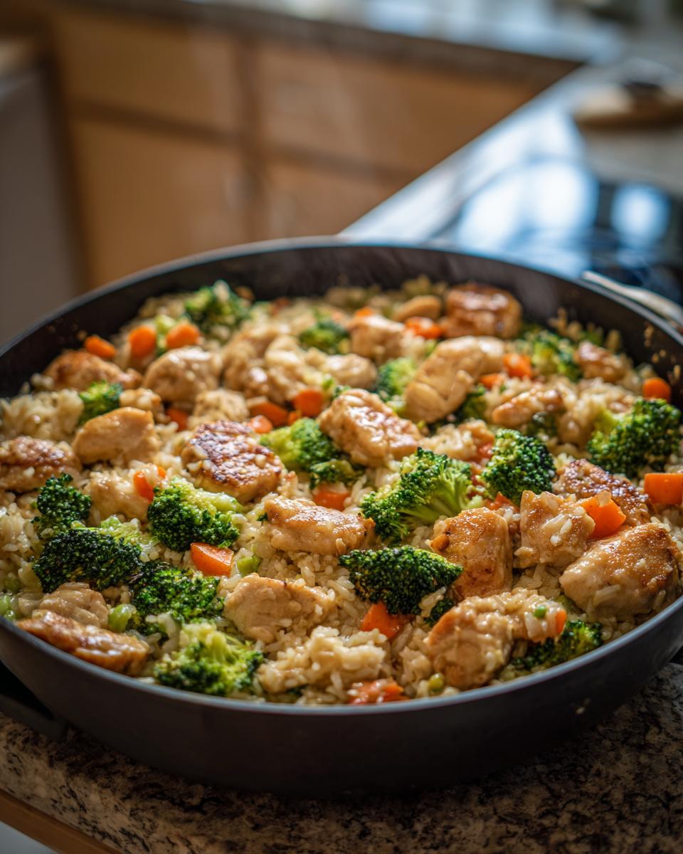 Close-up van een Chicken Rice Vegetable Skillet met stukjes kip, broccoli en wortel in een koekenpan.