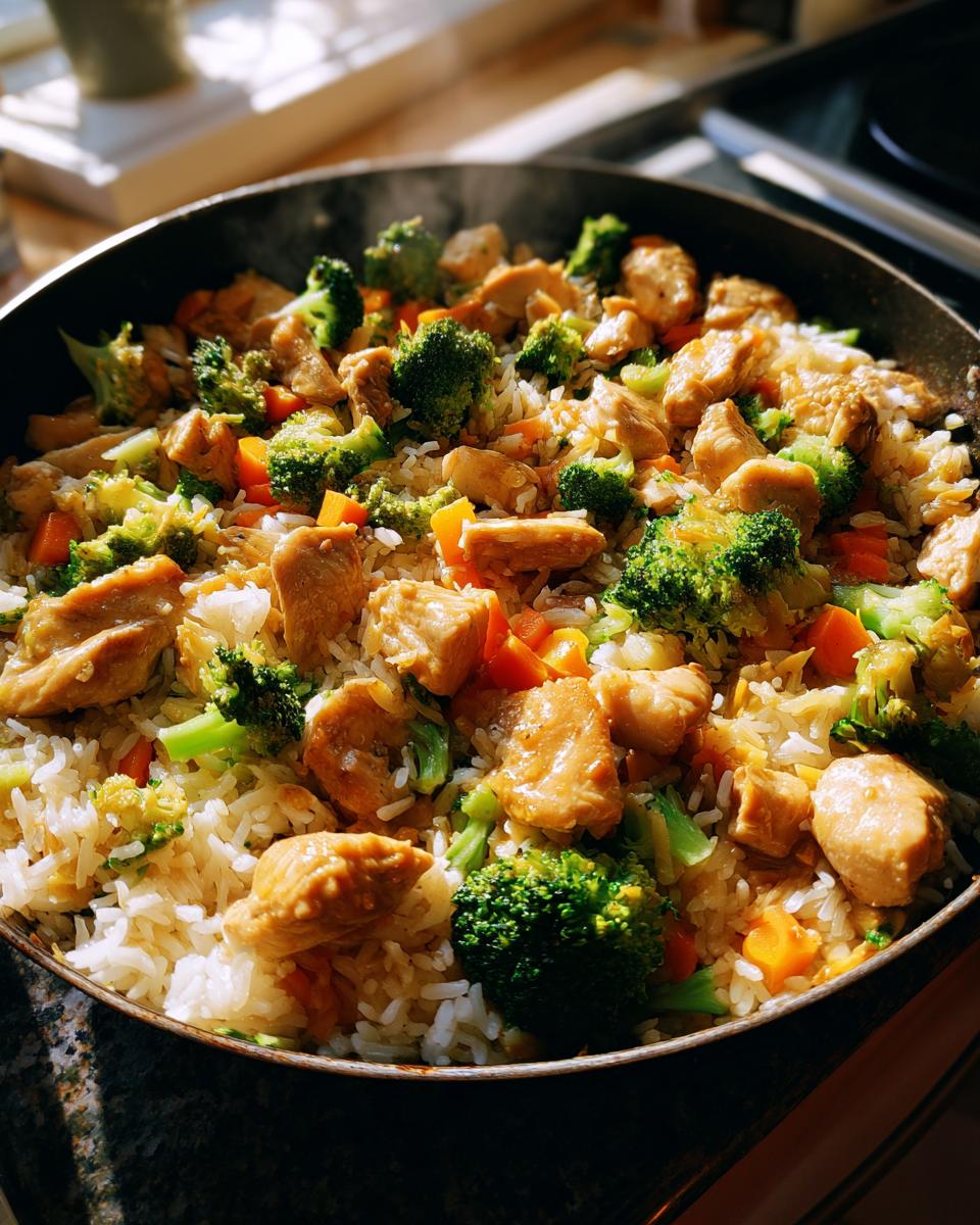 Close-up van een dampende Chicken Rice Vegetable Skillet met stukjes kip, broccoli en wortel in een koekenpan.
