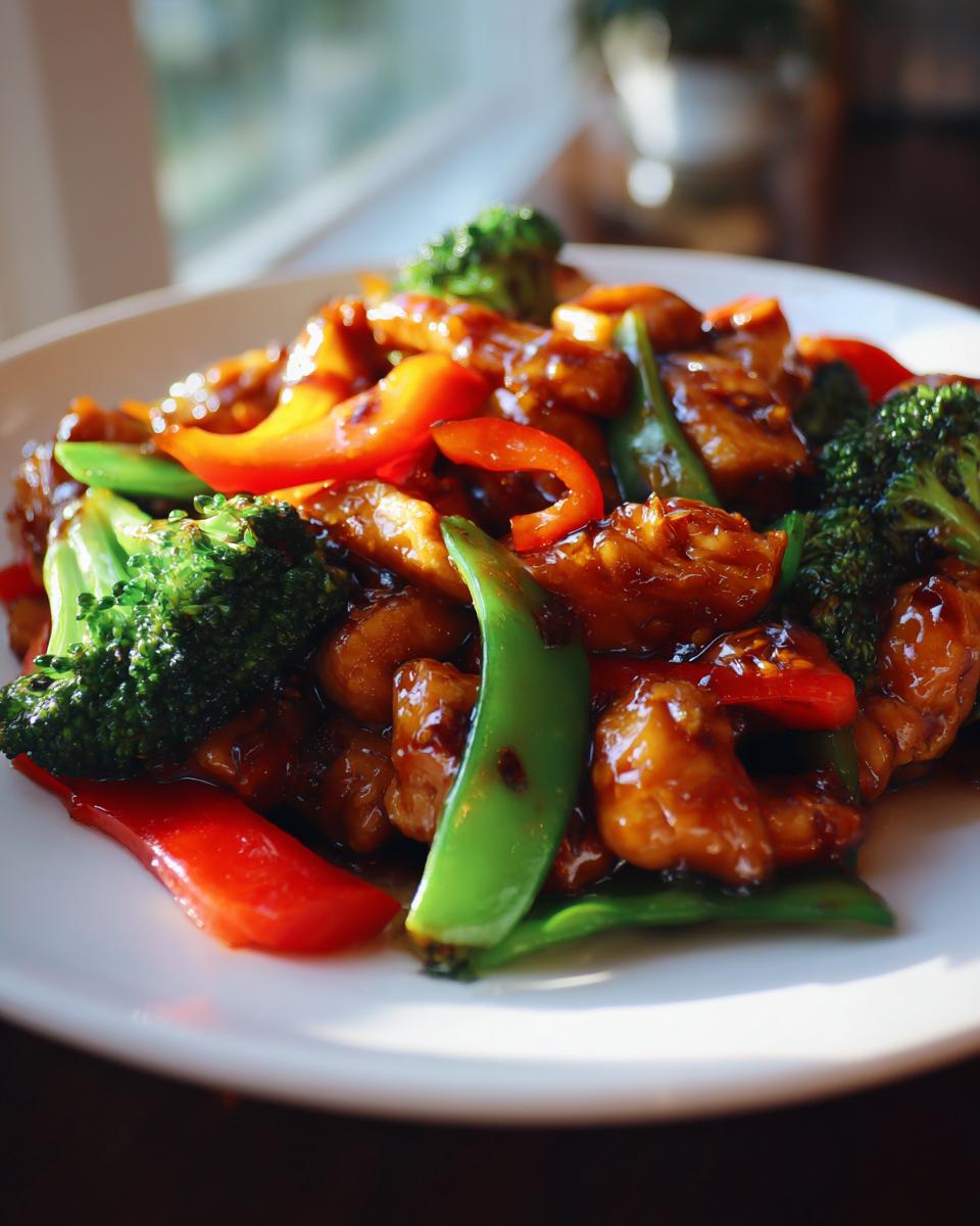 Close-up van een bord met een heerlijke Chicken Stir Fry, vol met stukjes kip, broccoli, rode paprika en peultjes in een glanzende saus.